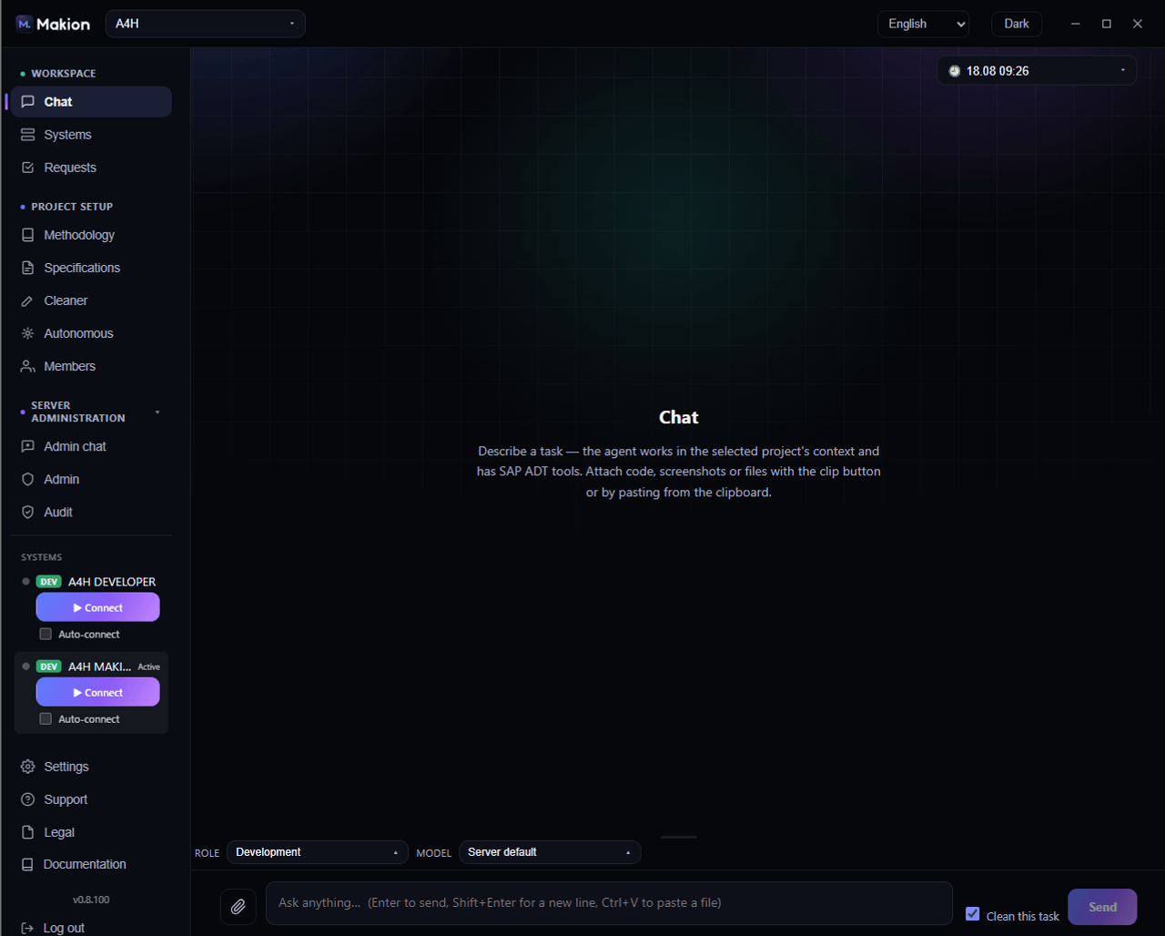Makion task chat: a plain-language task box with a role selector set to Development and a live SAP connection indicator
