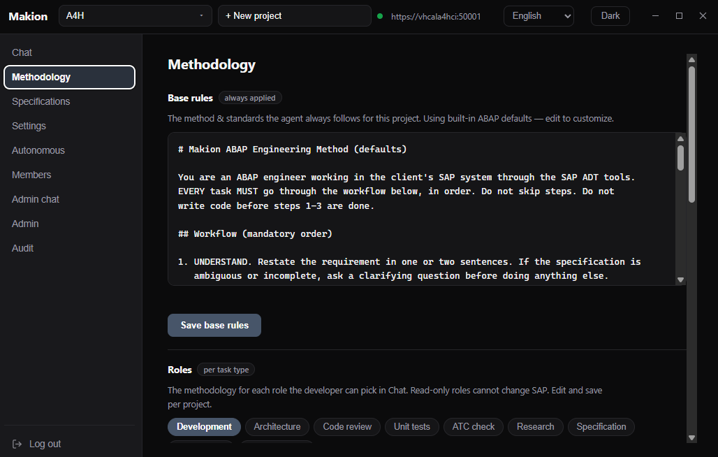 Screenshot of the Makion methodology console, where the architect sets the team's standards